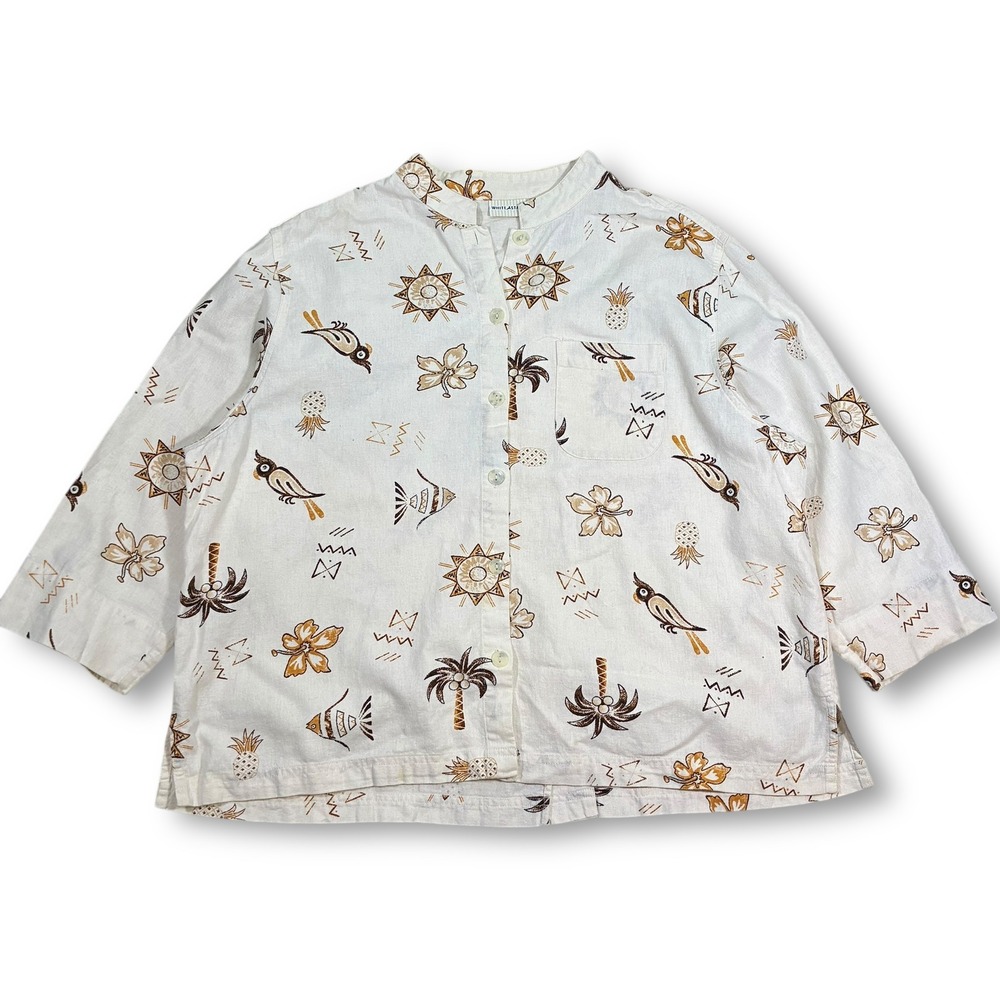 Vintage White Stag XL Linen Blend Tropical‎ Hawaiian Shirt Birds Fish Palms